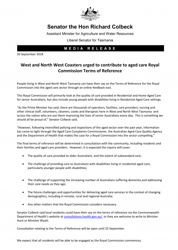 West and North West Coasters urged to contribute to aged care Royal Commission Terms of Reference 