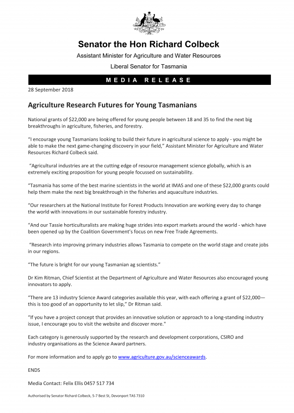 Agriculture Research Futures for Young Tasmanians 