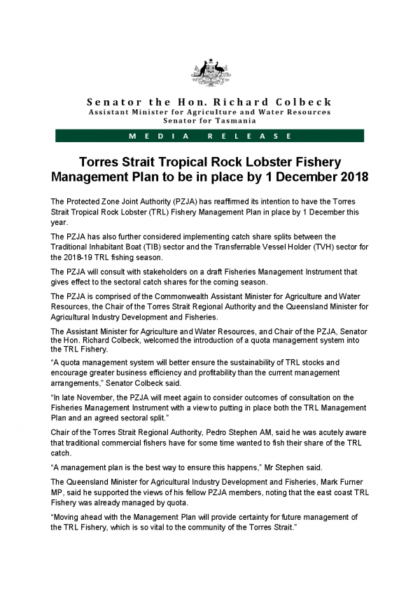 Torres Strait Tropical Rock Lobster Fishery Management Plan to be in place by 1 December 2018 