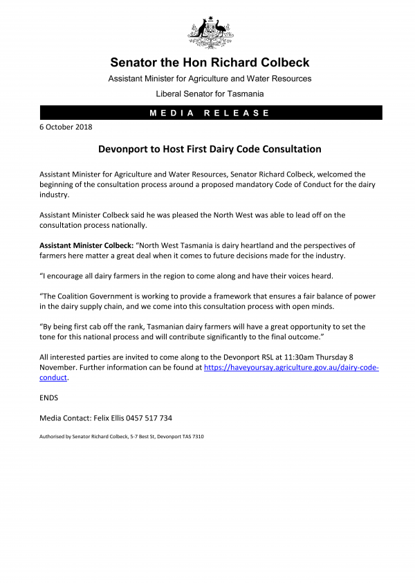 Devonport to Host First Dairy Code Consultation 