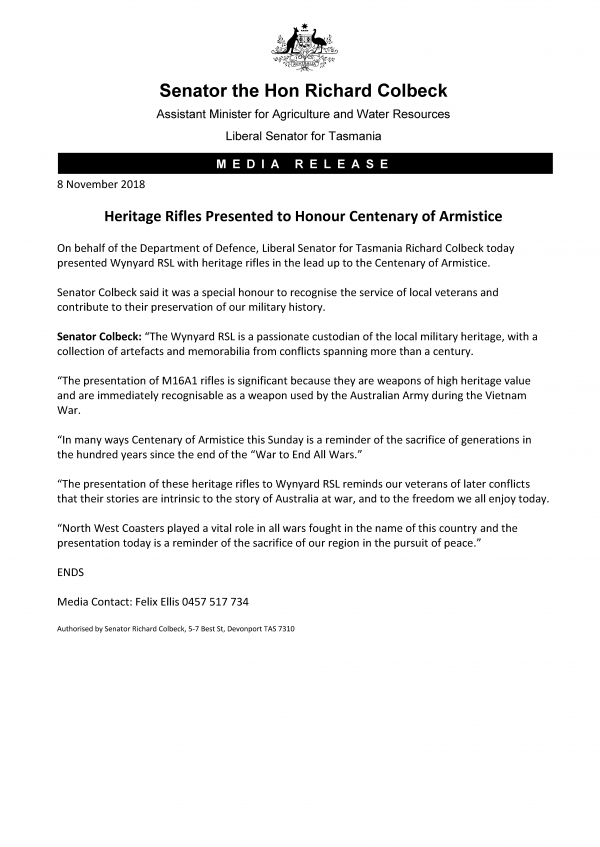 Heritage Rifles Presented to Honour Centenary of Armistice 
