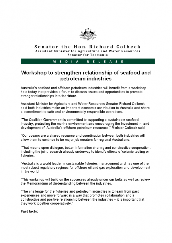 Workshop to strengthen relationship of seafood and petroleum industries  