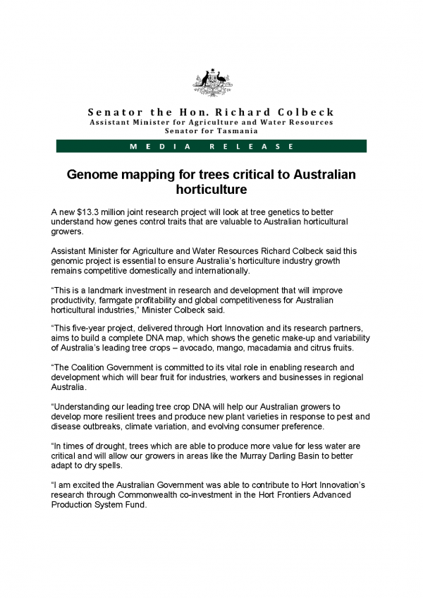 Genome mapping for trees critical to Australian horticulture 