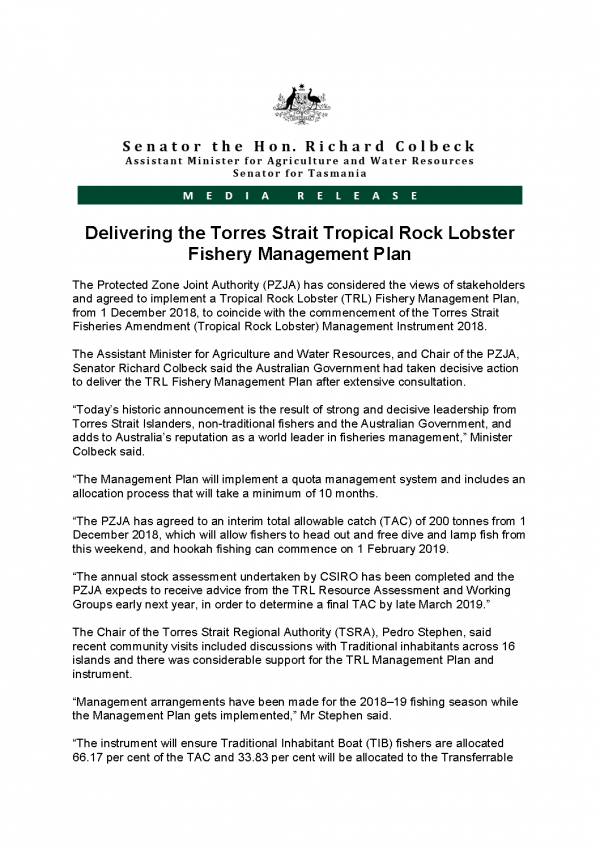 Delivering the Torres Strait Tropical Rock Lobster Fishery Management Plan 