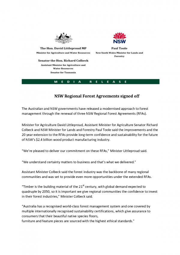 NSW Regional Forest Agreements signed off 