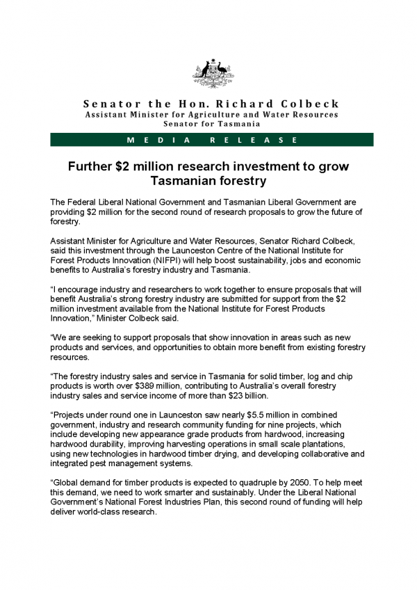 Further $2 million research investment to grow Tasmanian forestry 