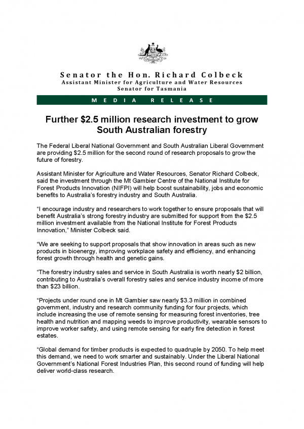 Further 2.5 million research investment to grow South Australian forestry 
