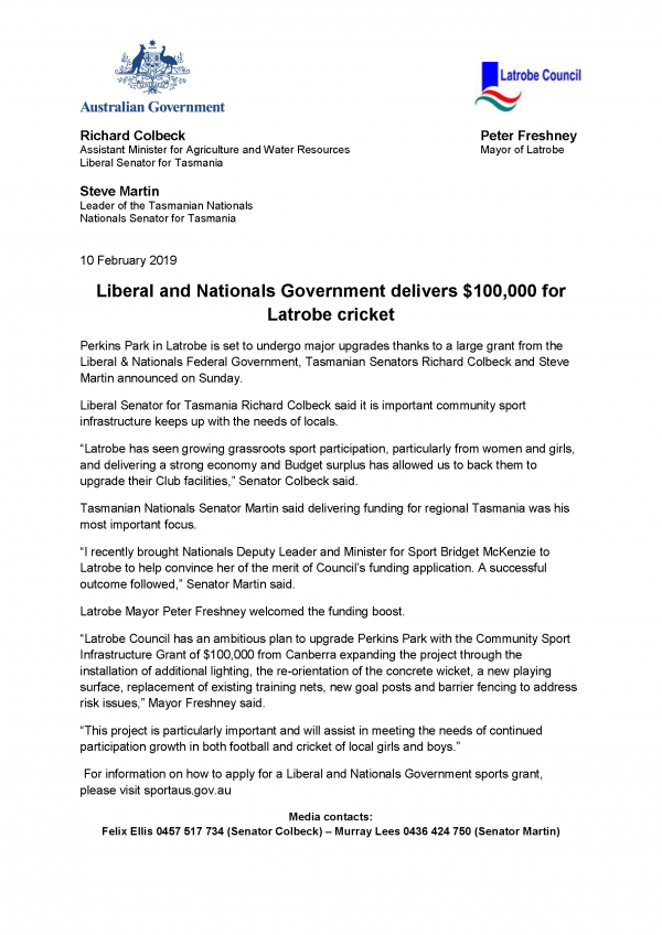 Liberal and Nationals Government delivers $100,000 for Latrobe cricket 