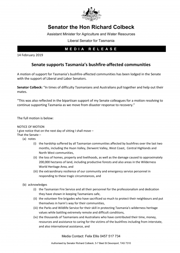Senate supports Tasmania’s bushfire-affected communities 