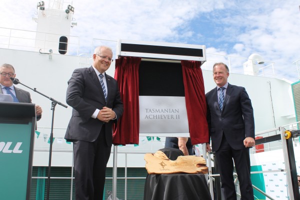 Deck crowded for naming ceremony of Toll Group's Tasmanian Achiever II freight vessel 