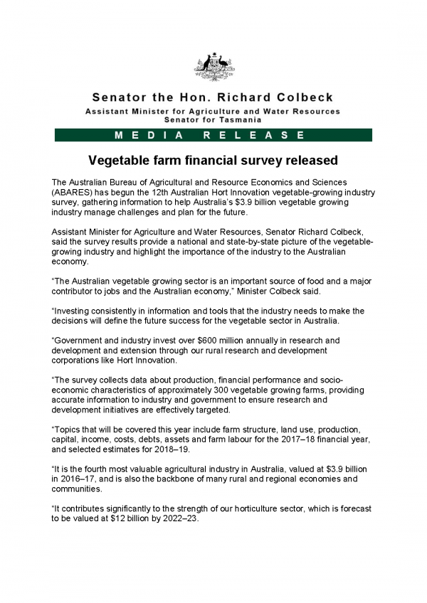 Vegetable farm financial survey released  
