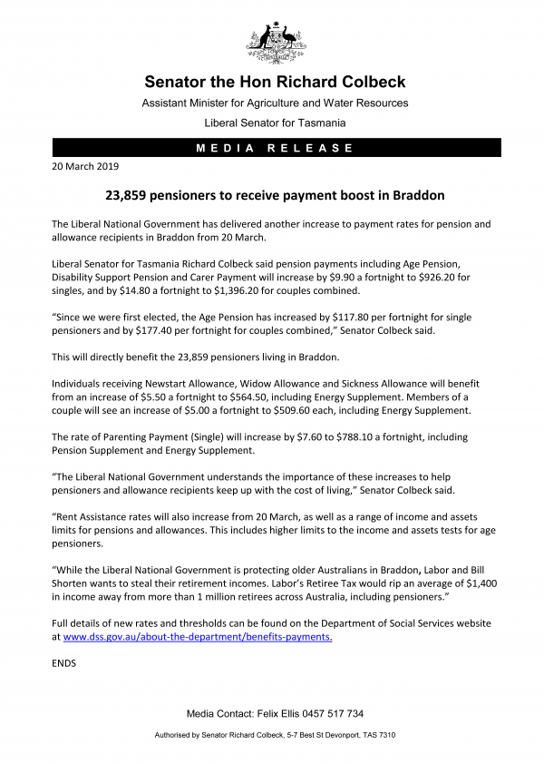 23,859 pensioners to receive payment boost in Braddon 