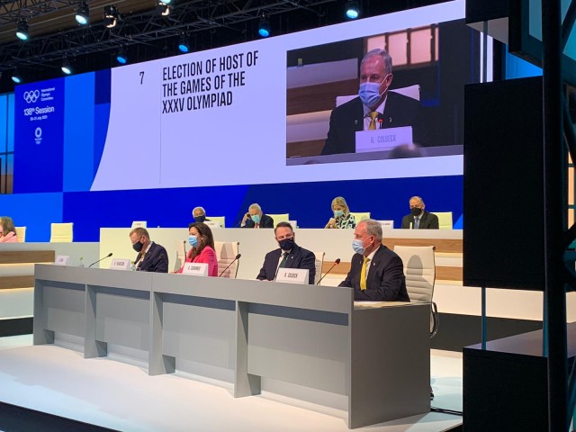 Minister Colbeck presenting the case for the 2032 Brisbane Olympics during the IOC session in Tokyo with Australian Olympic Committee President John Coates, Queensland Premier Anastacia Palaszczuk  and the Brisbane Lord Mayor  Adrian Schrinner.