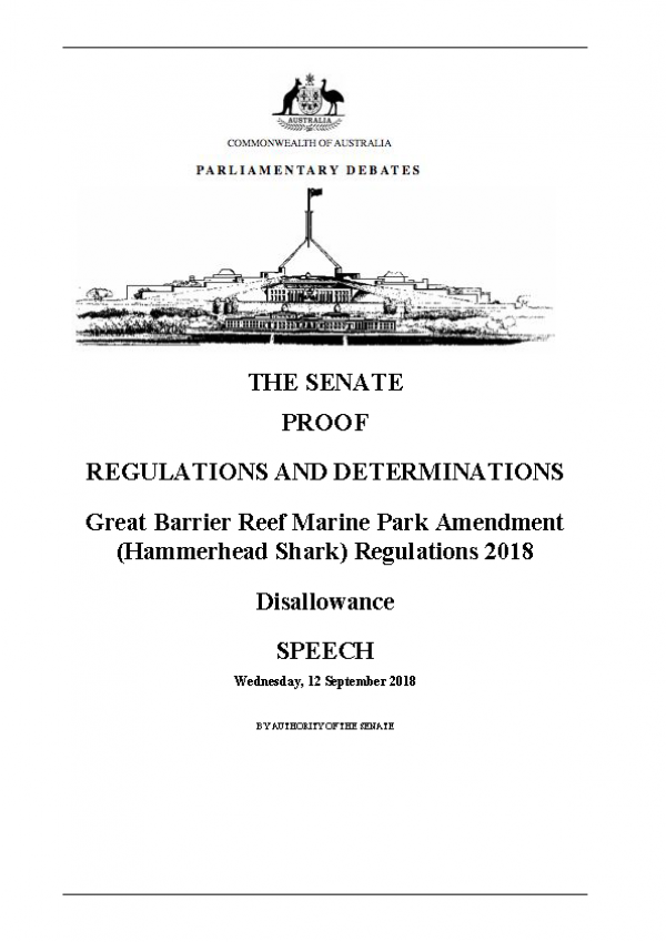 Great Barrier Reef Marine Park Amendment (Hammerhead Shark) Regulations 2018 